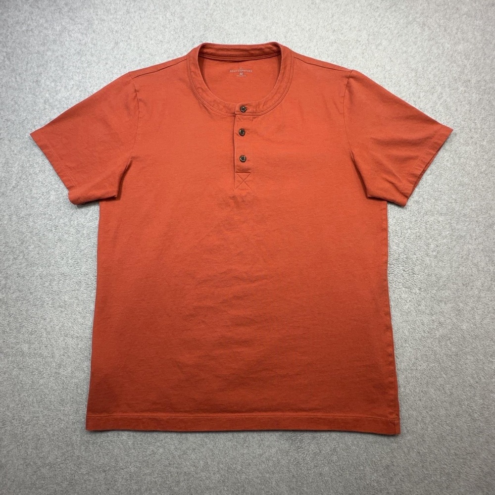 LL Bean Signature Henley Shirt Mens Medium Orange Short Sleeve Cotton Outdoor